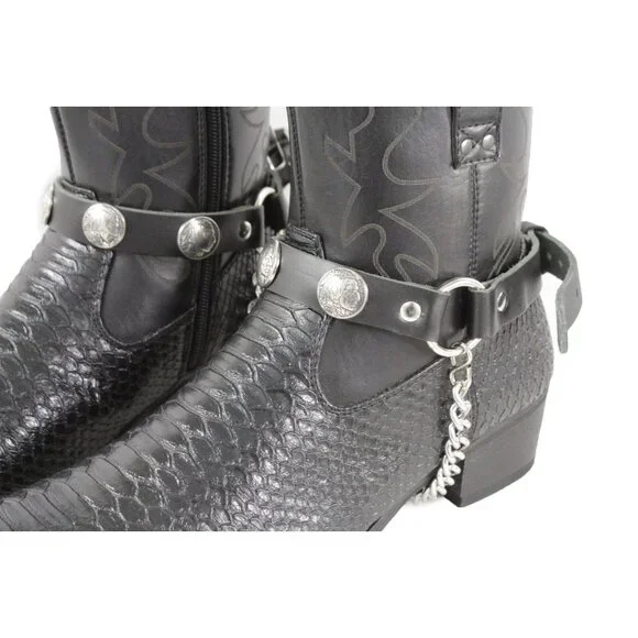 Men Boots Chains Pair Black Faux Leather Strap Native American Charm Motorcycle